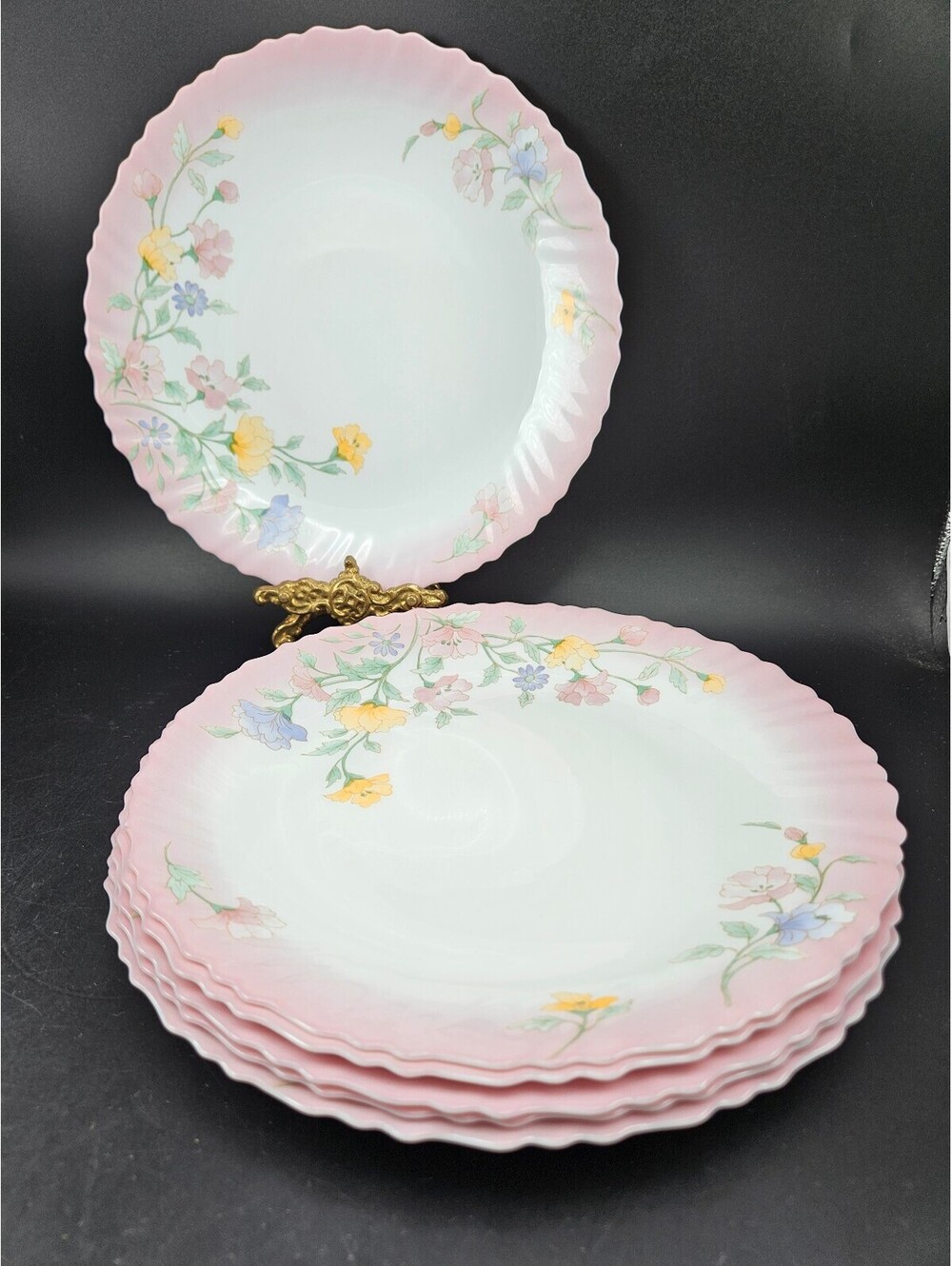 Vintage Arcopal France Elise Dinner Plates Set of 6 Pink Ombre Rim Floral 10"
